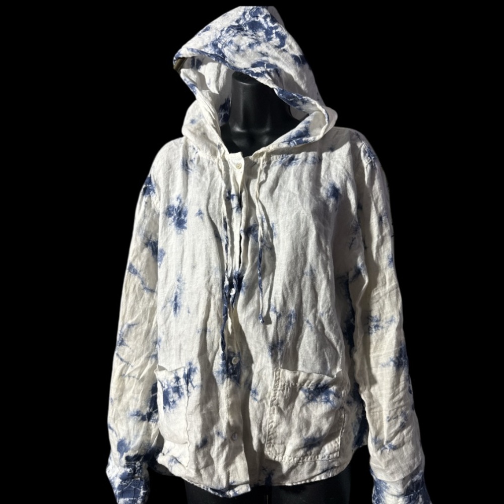 Rachel Zoe Linen Tie-Dye Hooded Button Up Women's Top - Blue and White - Size L - Picture 5 of 11